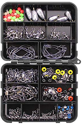 VOANZO Fishing Terminal Tackle, 160 Stück Fishing Tackle Box - Angelhaken, Kurbelhaken, Bleisinker, Trigeminuswirbel, Stoppperle, Anschluss, 8-Wort-RNG