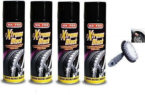 HITOPSELLER MAFRA Extreme Black Nero Gomme Spray Ultra Brillante, Effetto Bagnato, Previene Screpolature, Resistente a Pioggia e Lavaggi Frequenti 500ml + Spazzola per Pulizia Cerchioni (4)