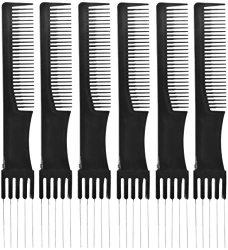 FUTAI Salon Style Hair Combs Black 6 Packs Handmade Hair Pick Barber Comb Carbon Fiber Lift Teasing Comb with Stainless Steel Metal Prong