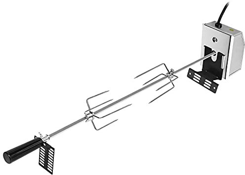 LZQ Asador giratorio eléctrico con motor de 220-240 V y 2 tenedores de barbacoa de 4 puntas de acero inoxidable 304, práctico juego de brochetas para barbacoa.