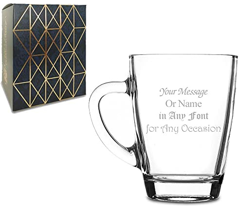 Personalisierte Kaffeetasse aus Glas für Heißgetränke mit Gravur und Geschenkbox, personalisierbar mit jeder Nachricht, Lasergravur, Auswahl aus verschiedenen Schriftarten