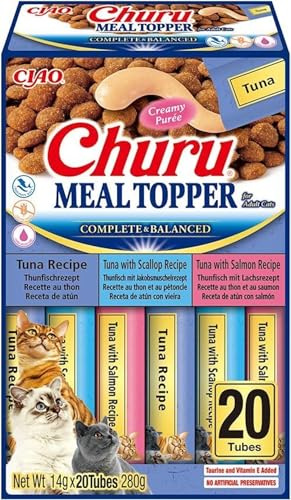 INABA Churu Meal Topper, Snack per Gatti Cremoso in 3 Varietà di Tonno - 20 Stick x 14gr - Condimento per Cibo Secco Gatti - Snack Gatto Senza Conservanti o Coloranti Artificiali, Grain-Free