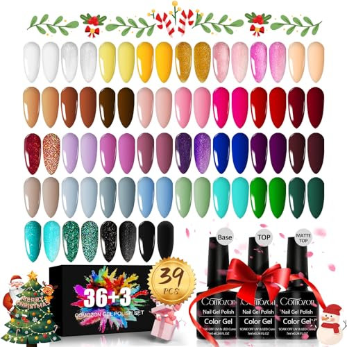 comozon 39 Stück UV Nagellack Set, 36 Farben Gel Nagellack UV Farbgel Set, mit Unterlack/Glänzender/Matte Überlack, für Anfänger/Nagelsalon