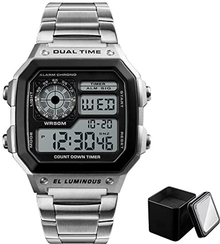 Nicoone Herren Digital Armbanduhr, Chronograph mit LED-Hintergrundbeleuchtung, 50 m Wasserdicht, Edelstahlarmband