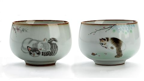 LingXuanGe Master Teacup - Juego de 2 tazas de té chino de cerámica hecha a mano con diseño de gato tenmokus