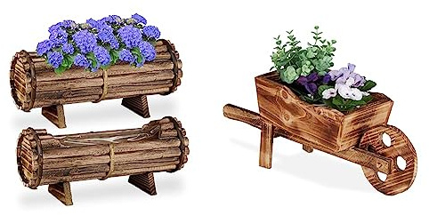 Relaxdays Blumenkasten Holz & Pflanzschubkarre, gebranntes Holz, Gartendeko, Vintage Design, zum Bepflanzen, HxBxT: 19 x 47 x 15 cm, Natur