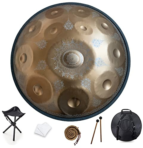 12 Noten 22 Zoll Handpan, D-Minor 432 Hz Steel Drum Percussion Instrument, Mandala, musikalische Performance, Handmade Healing Musical Instrument, Gift Gold