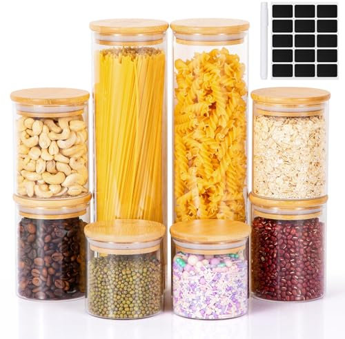 Cinnani Set di 8 Barattoli Ermetici in Vetro Con Coperchio di Bambù - Contenitori per Alimenti, Biscotti, Pasta, Cereali