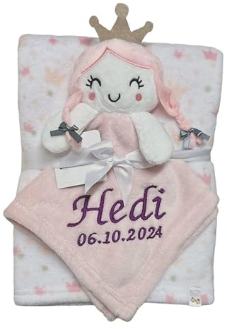 KIDDI-MEDIA Babydecke mit Trösterchen, Name und Geburtsdatum Bestickt | Kuschelig weich, Prinzessin 1