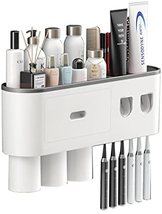 Zahnpastaspender Badezimmer Zahnbürstenhalter Set, Wandhalterung Zahnbürstenhalter mit doppeltem automatischem Zahnpastaspender 3 Tassen und Schublade für Badezimmer