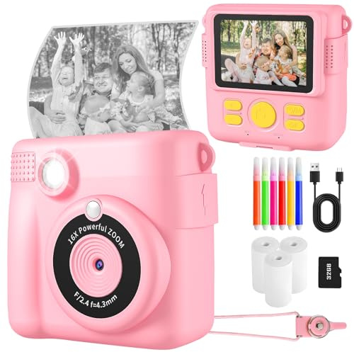 Kinderkamera Spielzeug, 2.4 Zoll Bildschirm DIY Sofortbildkamera Kinder, 1080P HD-Video Digitalkamera für Kinder, mit 32GB SD Karte & Druckpapier, Geschenk für Mädchen & Jungen ab 3-14 Jahren (Rosa)
