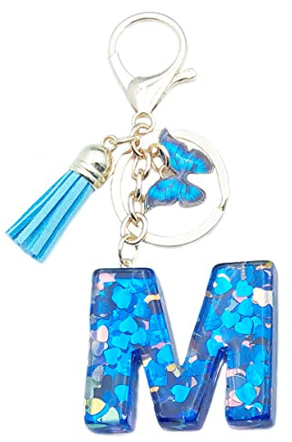 Xsclpomddy Frauen Alphabet Buchstaben Schlüsselanhänger Niedlich Schlüsselanhänger Glitzer mit Schmetterling Quasten Harz Blau Keychain für Tasche Charme