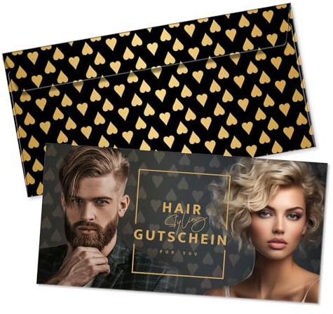 GESCHENKGUTSCHEINcom by POS-HAUER. Gutschein-Set. 25x Gutschein + Kuvert. Für Friseure Unternehmen, zum selbst Ausfüllen.