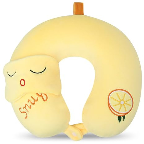 TROYSINC Coussin de voyage pour avion avec masque pour les yeux, coussin de nuque, appui-tête, coussin de sommeil pour enfants et adultes, pour la maison et le bureau, jaune citron