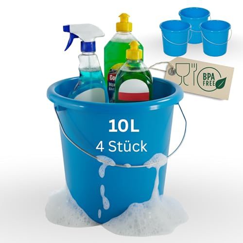 Novaliv 4 Stück Eimer 10L Blau mit Maßeinteilung - Putzeimer 10 Liter ? 28,5 cm Praktischer Allrounder mit Skala für Haushalt & Garten ideal als Haushaltseimer, Wassereimer, Wischeimer, Bucket