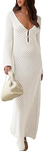 Maxi abito da donna all'uncinetto, a maniche lunghe, aderente (bodycon), abito lungo traforato, estivo, da spiaggia, vacanze, copricostume bikini, S