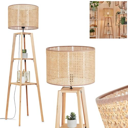 Stehleuchte Barcos, Stehlampe aus Holz/Wiener Geflecht/Rattan in Natur, Leuchte im skandinavischen Design m. rundem Schirm (Ø 40cm), Ablageflächen u. Fußschalter, Höhe 151cm, 1x E27, ohne Leuchtmittel