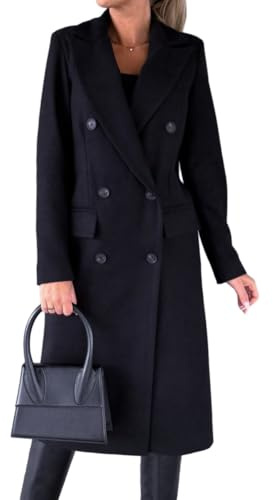 IDEALSANXUN Womens Long Wool Coat Double Breasted Trench Coat Fall Winter Clothes, Navy, Large