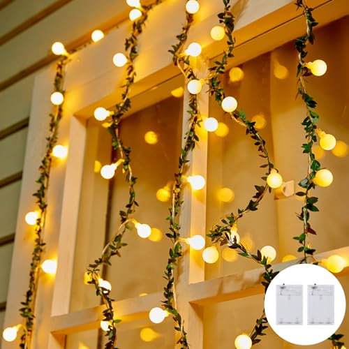 Brightown Battery Operated String Lights for Room, 2 Packs Total 39Ft 120 LED Globe Fairy Lights with Green Vines for Balcony Classroom Wedding Girls Room Decor, 60D-Globe-Vine-2PC