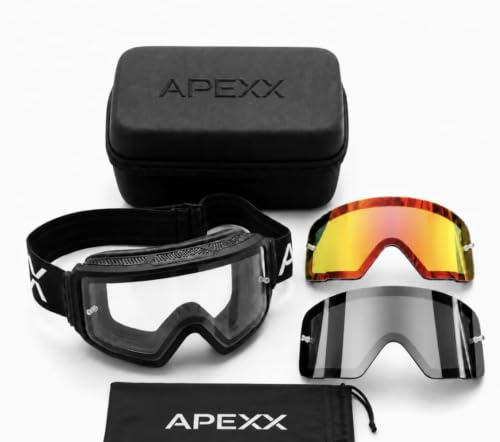 Apexx Series Mountain Bike Cycling Goggles | 3 x Quick-Release Magnetic Lens, Anti-Fog & Impact Resistant with EVA Case & 3 Lenses (Clear, Revo Red, Smoke) - Designed by MTB Riders