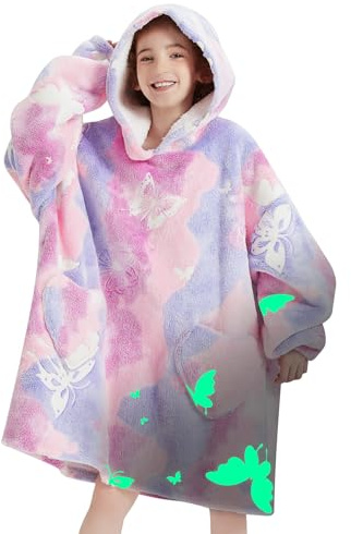 Fiosnow Leuchtet im Dunkeln, Schmetterlings-Decke, Hoodies für Kinder von 6–13 Jahren, Übergröße, tragbare Decke, Hoodies für Jungen, Mädchen, Teenager