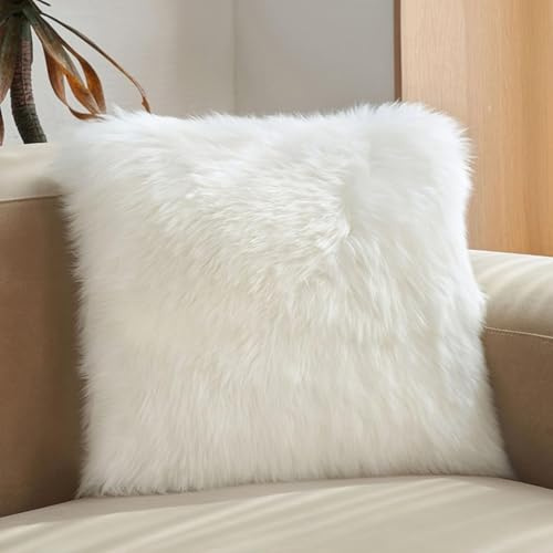 HC&WT 100% Wolle Wurfkissen Mit Kern, Dicke Plüsch Abnehmbare Abdeckung Luxus Natürliches Schaffell Kissenbezüge Fellleder Kissen (White,50x50cm(19.6x19.6inch))