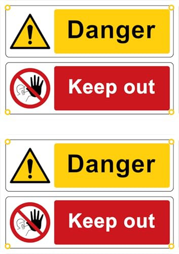 Pack of 2, 300mm x 200mm Plastic Danger Keep Out Signs with eyelets