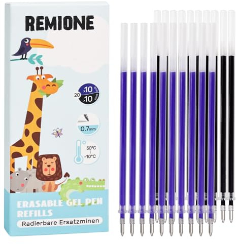 Remione 20 Stück Radierbare Ersatzminen für Legami Stifte [Spitze 0,7 mm] Tintenroller Radierbar, Kompatibel mit legami nachfüllminen, Radierbarer Tinte [10 Blau & 10 Schwarz]
