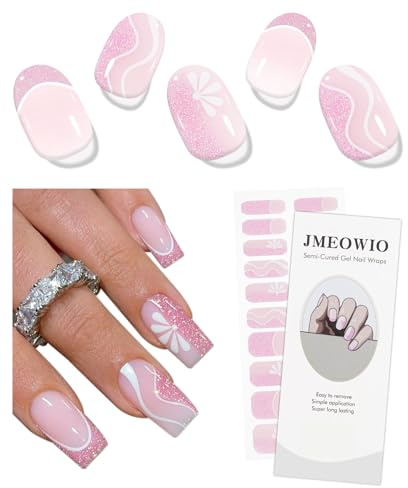 JMEOWIO Nagelfolie Rosa Glitter Weiße Blumen French Tip Gel Nail Nagelfolien Selbstklebend Nagelsticker Uv Härtend Dekoration Nageldesign Zubehör