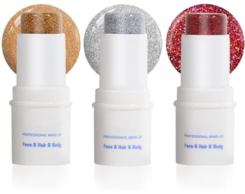 Glitzer Gesicht Stick, 3 Farben Body Glitter Stick, Chunky Mermaid Sequin Festival Glitzer Stift, Wasserfest & Langlebig Feiner Glitter für Gesicht/Körper/Lippen, Tragbar für Karneval Fastnacht Makeup