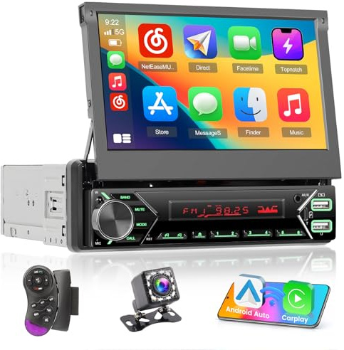 Inefala Autoradio CarPlay 1 DIN avec Android Auto sans Fil, Écran Rétractable Motorisé Tactile de 7 Pouces avec Bluetooth, Lien Miroir, FM/USB EQ Dab, Charge Rapide USB, Caméra de Recul