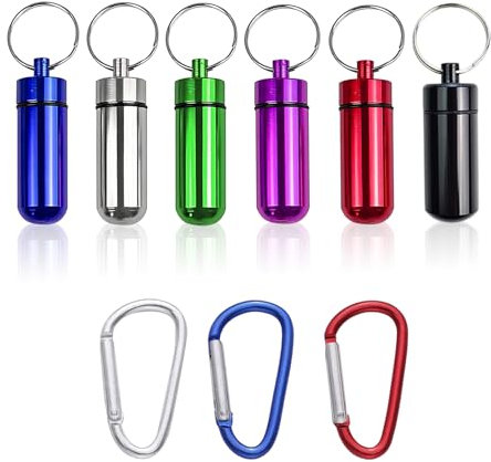 CJAPGJW 6 Stück Pillendose Klein, 14*48mm, Runde Aluminiumlegierung, D-Shape Karabiner, Tablettendose Für Unterwegs, Pillendose Schlüsselanhänger