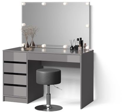 Livinity Schminktisch Imola Grau | mit LED Beleuchtung und Hocker