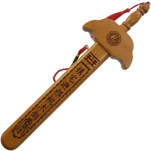 Lpitoy Traditional Chinese Wooden Carved Sword Decoration, Hand Crafted Peach Wood Sword Feng Shui Ornament for Home Hanging Decor