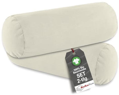 BaSaTex Bio Kissenbezug Nackenrolle, 2er Pack, 40x15 cm, Natur | 97% Baumwolle, GOTS-Zertifiziert, 3% Elasthan, BIO Bezüge für Nackenrollen 40x15 cm