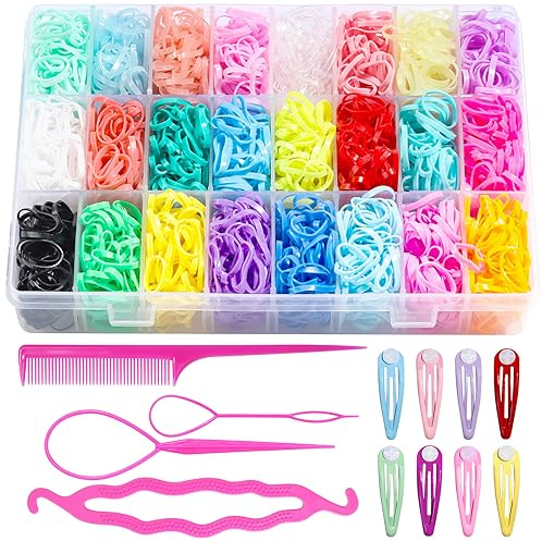 Haargummis – 2000 Stück Gummibänder für das Haar, 24 Farben mit Organizer-Box, Mini-Gummibänder für dünnes oder dickes Haar – perfektes Zubehör für Mädchen und Kleinkinder