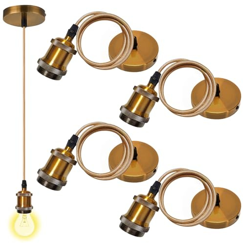 4 lampade a sospensione in metallo E27, attacco E27, vintage, 100 cm, colore oro, metallo, ideale per fai da te, illuminazione da soffitto (oro vintage)