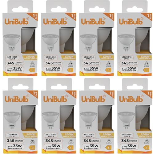 Unibulb GU5.3 MR16 3.4W (Replaces 35W), Energy Efficient LED Spotlight Downlight Ceiling Light Bulb, 345 Lumens, 3000K Warm White, 35W Equivalent, 12v, 25,000hr Lifespan, Non-Dimmable (8)