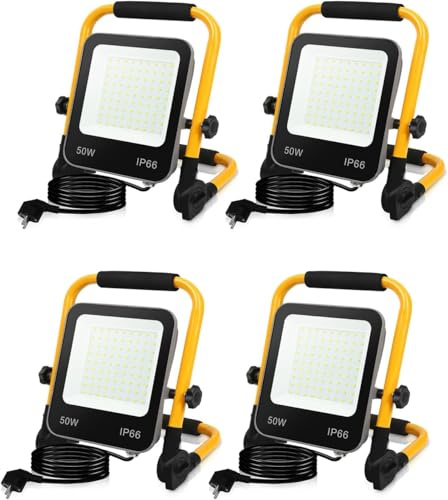 Monucep LED Baustrahler, 4x50W 5000LM LED Arbeitsleuchte, IP66 Wasserdicht Baustrahler mit 3M Kabel und Faltbarer Ständer, Tragbar Arbeitsscheinwerfer baulampe für Baustelle, Garage, 6000K