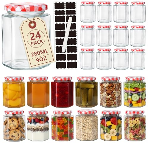 WERTIOO 24 pack Jam Jars with Red Gingham Lid - 280ml/9oz Jam Jars with Lids Storage Glass Jars, Clear Airtight Jar for Jam, Chutney, Pickling