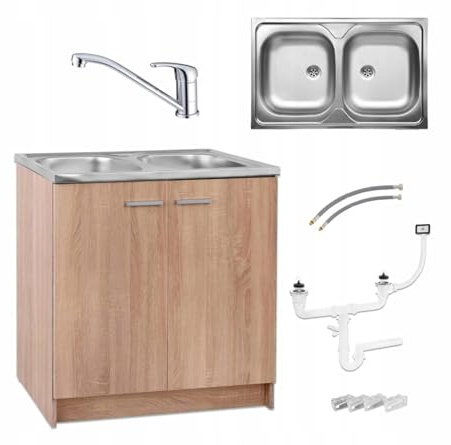 Spülenschrank Küchenschrank 80cm Sonoma Spüle 2 Becken Edelstahl Armatur Chrom Set Standschrank 46cm Tiefe Siphon Geschirrspüler Komplett Montagefertig