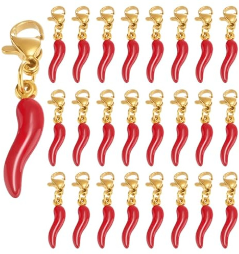 TEOZBLU 24 Pcs Cornetti Portafortuna, Cornetto Portafortuna, Ciondoli Smaltati Portafortunas Con Chiusura, Ciondoli Laurea Per Bomboniere, Portachiavi rosso, Regali Compleanno Laurea Natale