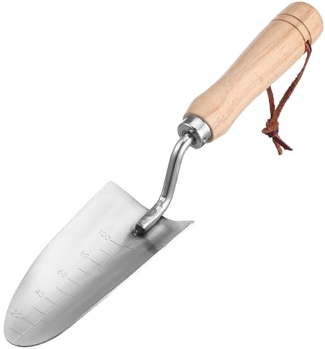 Housoutil Cazzuola da Giardino in Acciaio Inox con Impugnatura in Legno, Pala Manuale Appuntita con Scala Graduata per Piantare e Scavare, Attrezzo da Giardinaggio Versatile per Orto
