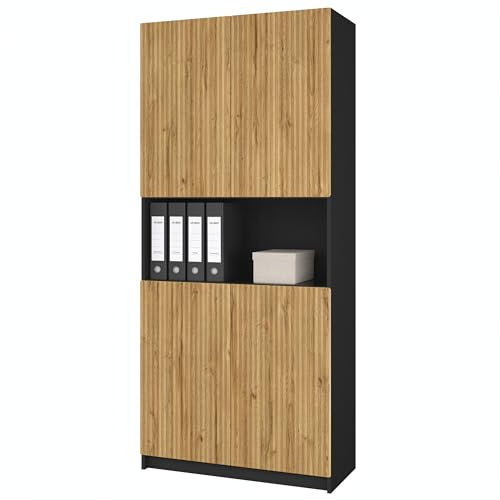 Vladon Büroschrank Rivo, Made in Germany, Aktenschrank mit 4 geriffelten Türen & Soft-Close, Aufbewahrungsschrank für Büro, Home Office & Wohnzimmer Schwarz matt/Eiche Natur (82 x 184 x 37 cm)