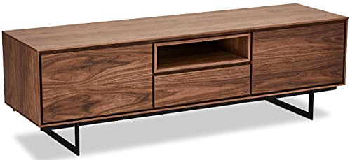 Ibbe Design Nussbaum Matt Tv Tisch Lowboard MDF Walnuss Furnier Tokyo mit 2 Türen und Schublade, Schwarz Metall Gestell, 160x45x50 cm