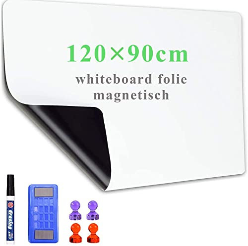 Lyzzxi Whiteboard Folie, 120 * 90cm Magnetisch Selbstklebend Weißwandtafel Folie, Whiteboard Sticker DIY, Inklusive Marker und Schwamm, Wandfolie für glatten Oberflächen in Schule Büro Haus
