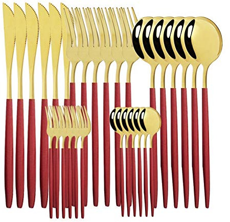 Geschirr Set 18/10 Edelstahl 30 stücke Grün Gold Besteck Set Geschirrmesser Salat Gabel Löffel Besteck Set Spülmaschine Safe essgeschirr (Color : Red Gold)