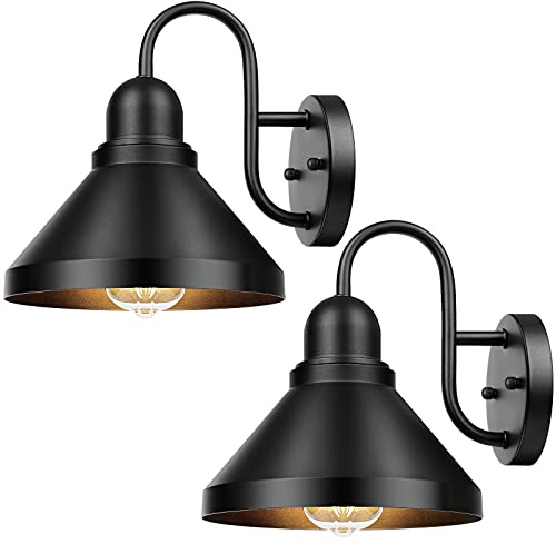 Brightever Gooseneck Outdoor Light Fixtures, 2-Pack Farmhouse Barn Lights for Porch, Industrial Black Exterior Wall Sconce for Garage, Patio, E26 Base Anti-Rust, Bulb not Included
