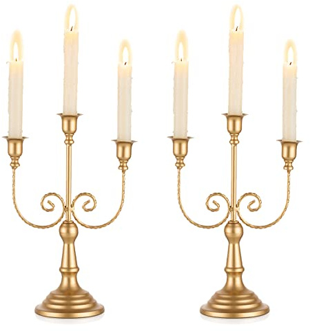 Romadedi Candelabra Gold Candle Holders - 3 Arm 11.8 Wedding Candlestick Holder for Theme Party Table Centerpiece Decor Dining Room Birthday Holiday Christmas, Set of 2