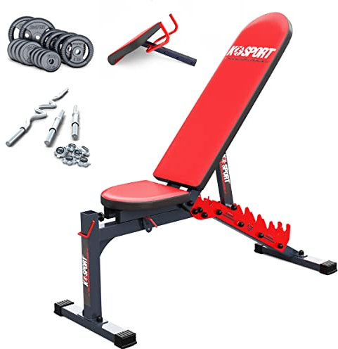 K-Sport: Träningsbänk set med curlbänk, SZ – stång, hantlar inkl. 55 kg vikter | justerbar träningsbänk | curlbänk med hylla | ø 30 mm viktskivor | träningsset för ditt hem gym